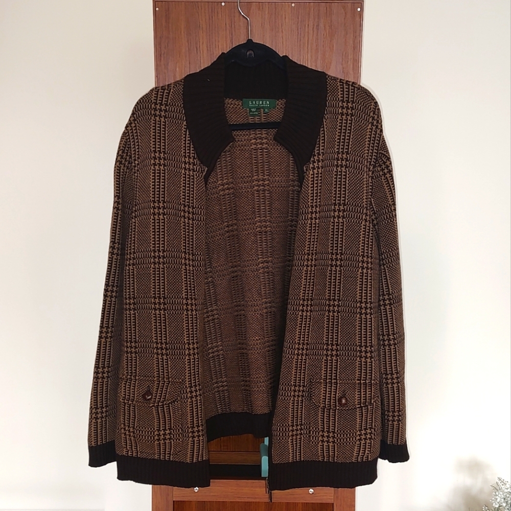 Lauren Ralph Lauren Houndstooth Full Zip Cardigan Sweater Size Large